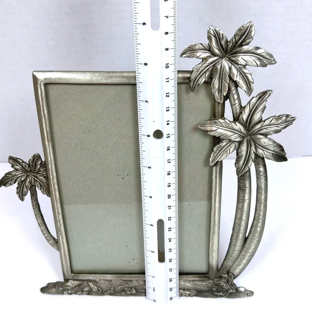 Vtg 90s Pewter Tone Tropical Beach Photo Frame Palm Trees Seashells Coastal 4x6